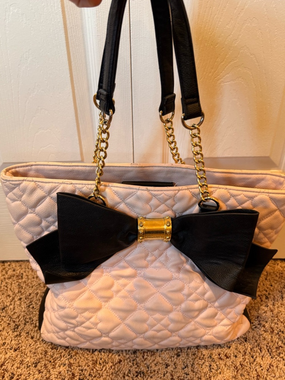 Quilted Pink Tote with Black Bow Accent